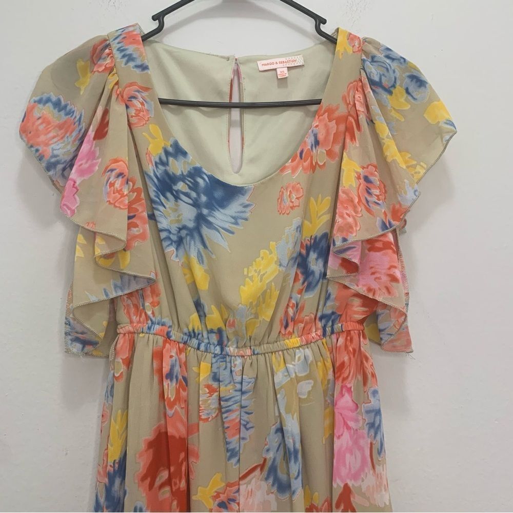 Margo and Sebastian Tan Floral Cap Sleeve Scoop Neck Mini Dress Size XS - Picture 3 of 7